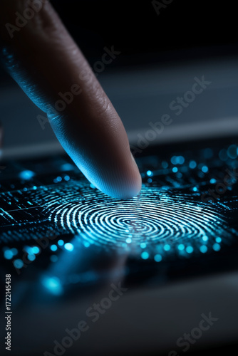 Futuristic digital fingerprint technology unlocking security through biometric verification. Emphasizing identity and access control.