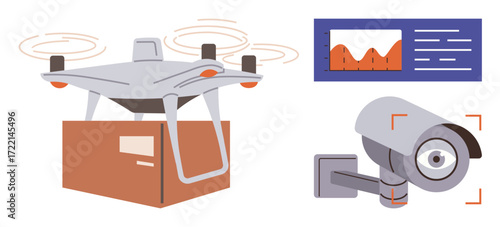 quadcopter carrying a parcel in mid-flight, surveillance camera actively observing, and analytic graphs on a digital panel. Ideal for delivery, surveillance, logistics, technology, innovation