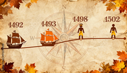 Timeline illustration showing ships and people from the years fourteen ninety two to fifteen oh two on parchment