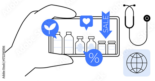 Smartphone showing medicine bottles, discount tags, and health icons. Ideal for healthcare, e-commerce, global access, telemedicine, online shopping, mobile apps simple flat metaphor