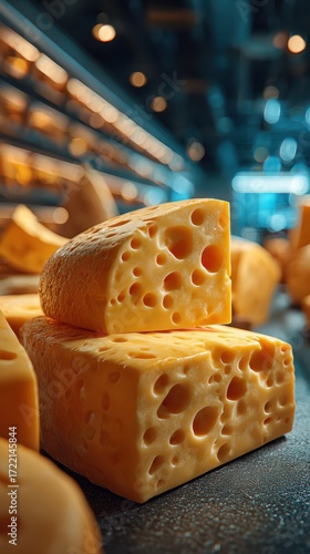 Cheese blocks with holes displayed in a food market during daylight