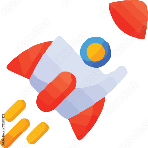 Stylized cartoon rocket ship in flight leaving orange exhaust trails