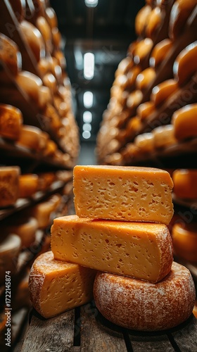Cheese being aged in a large storage facility with rows of wheels and blocks neatly placed on shelves