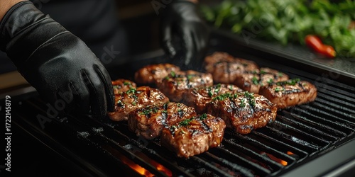 Chef grilling a selection of steaks on a barbecue at a summer cookout in the backyard during the evening