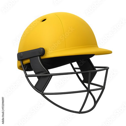 Yellow cricket helmet with safety grille isolated on transparent background