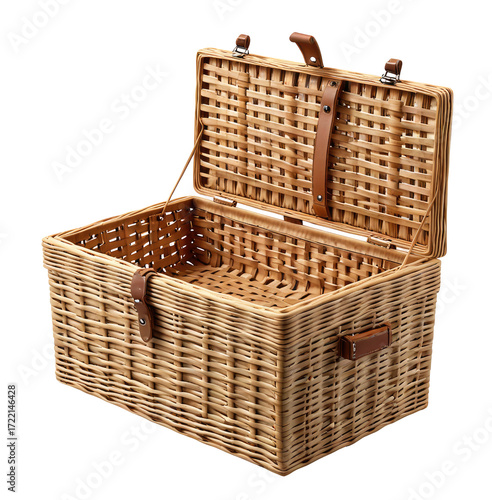 Open wicker picnic basket, studio, light background, storage