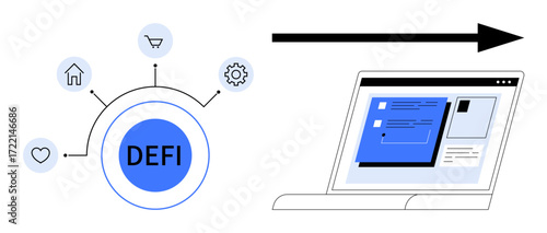 Circular DEFI hub connecting home, shopping, settings, health icons with an arrow pointing to a laptop displaying digital content. Ideal for finance, tech, blockchain, innovation, future data