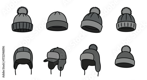 Collection of winter hats and caps illustration, isolated on white background, black and white outline