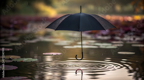 Wallpaper Mural Black umbrella floating on water with ripples and lily pads Torontodigital.ca