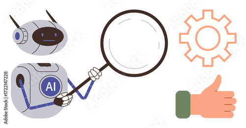 AI robot examining with magnifying glass alongside a gear and thumbs-up graphic. Ideal for technology, innovation, problem-solving, artificial intelligence, research, evaluation, quality assurance