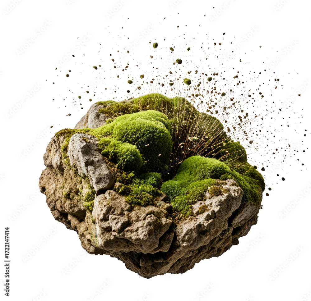Obraz premium Mossy rock exploding, nature background, isolated, design element
