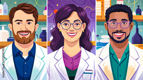 Cartoon vector of male and female scientists with lab coats set, test tubes, professional research staff illustration, chemistry characters.
