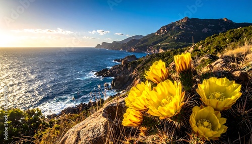 Fototapeta Naklejka Na Ścianę i Meble -  Coastal sunset with yellow flowers