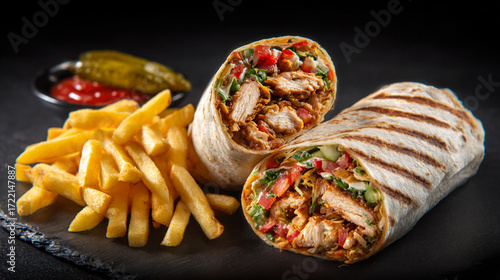 A Tempting Presentation Of Arabian Chicken Shawarma, Complete With Crispy Fries And Tangy Pickles