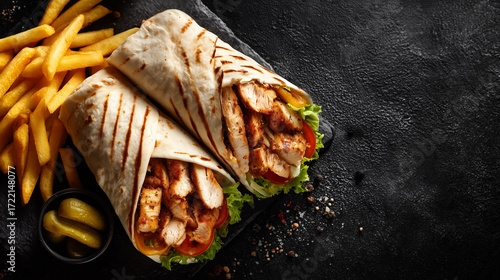 Sliced Arabian Chicken Shawarma Wrap With Fries And Pickles, Isolated On A Dark Background