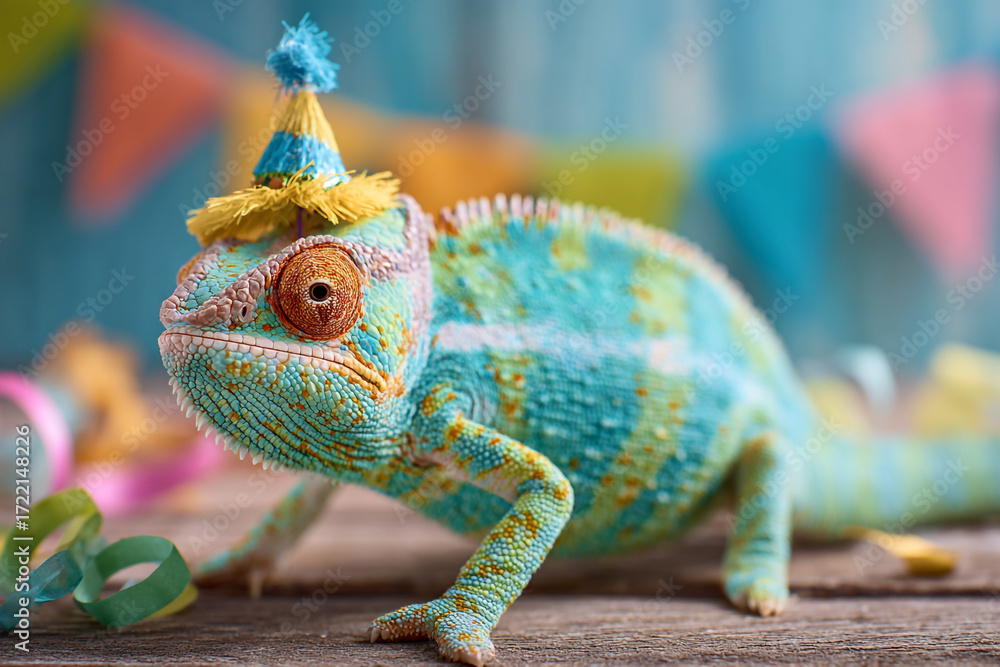 Obraz premium Festive chameleon wearing party hat surrounded by confetti