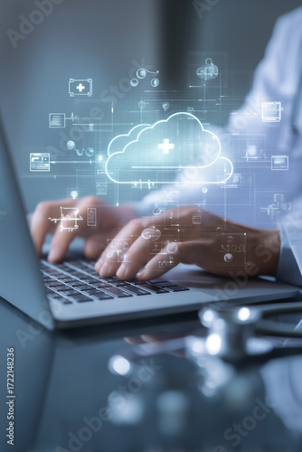 Doctor using cloud-based healthcare services on a laptop. Data is stored in the cloud with virtual health records and tools.