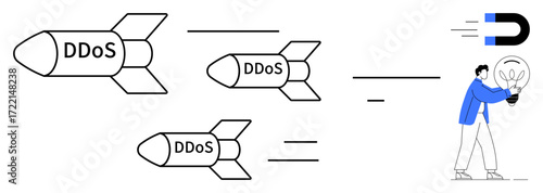 Person safeguarding a lit bulb from labeled DDoS rockets, symbolizing cyber defense. Ideal for cybersecurity, innovation, protection, problem-solving, DDoS mitigation, data integrity, digital safety