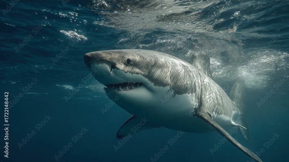 Fototapeta premium A great white shark swims under the surface of the water, with its mouth open wide