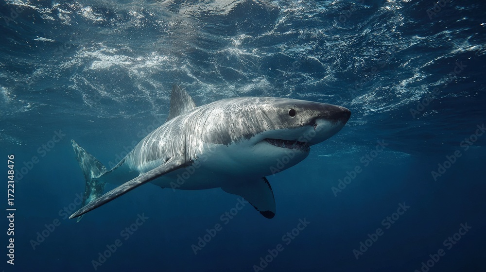 Fototapeta premium A great white shark glides through the surface of the open sea, its mouth agape