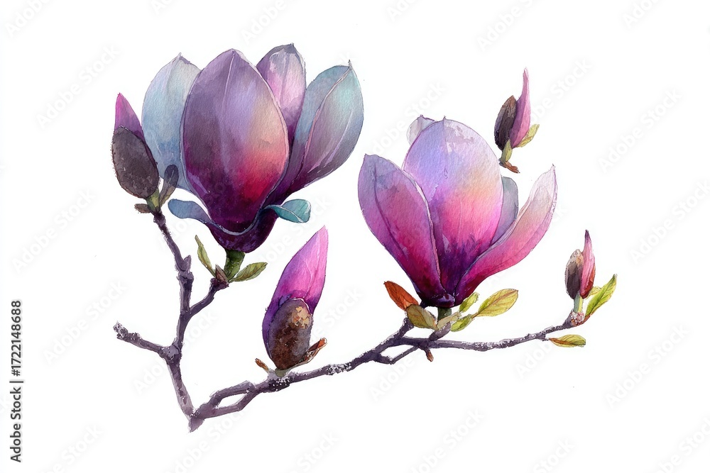Fototapeta premium Detailed watercolor illustration of magnolia blossoms.