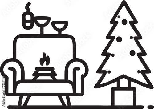 Cozy christmas eve celebration minimal design with tree and fireplace