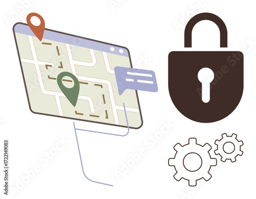 Browser window with map and location pins, speech bubble, lock image, and gears. Ideal for navigation, data security, technology, privacy cybersecurity system settings teamwork. Simple flat