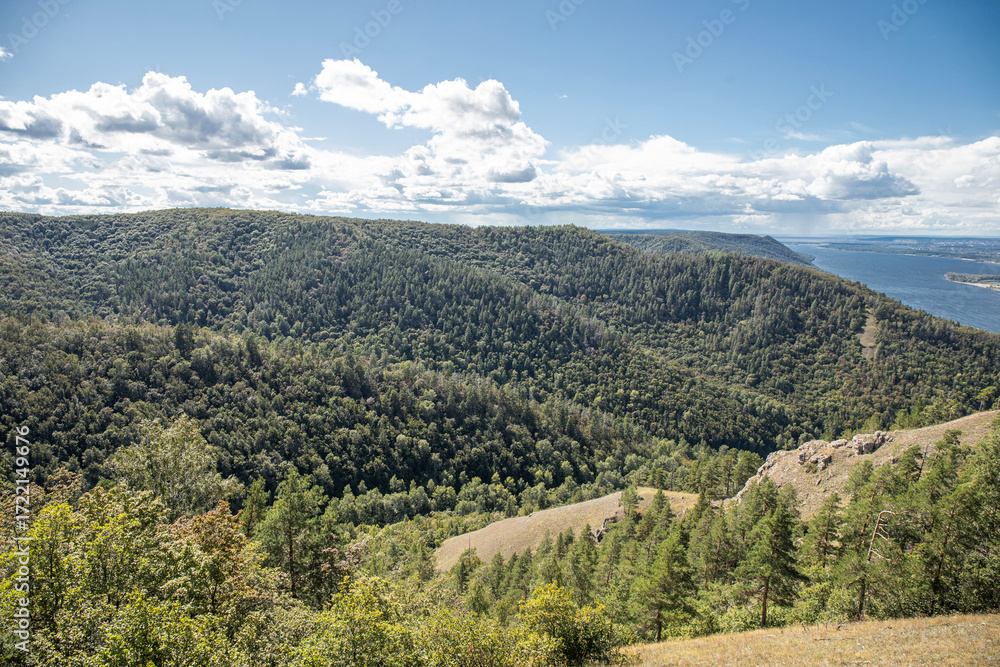 Naklejka premium Strelnaya Mountain is a tourist attraction in the Zhiguli Mountains, Samara Oblast, Russia