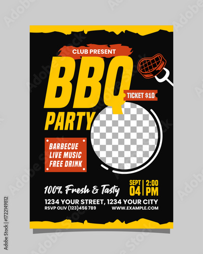 Flyer or Poster template design for BBQ Party. Black background with Yellow and Orange shapes and illustrations. Suitable for invitations, social media.