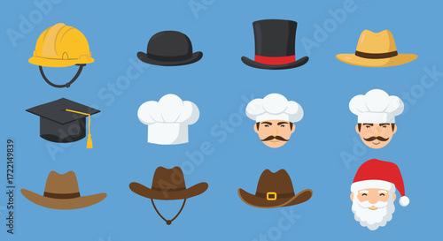 Collection of various headwear and hats including a construction helmet, bowler hat, top hat, fedora, graduation cap, chef hats, cowboy hats, and Santa hat