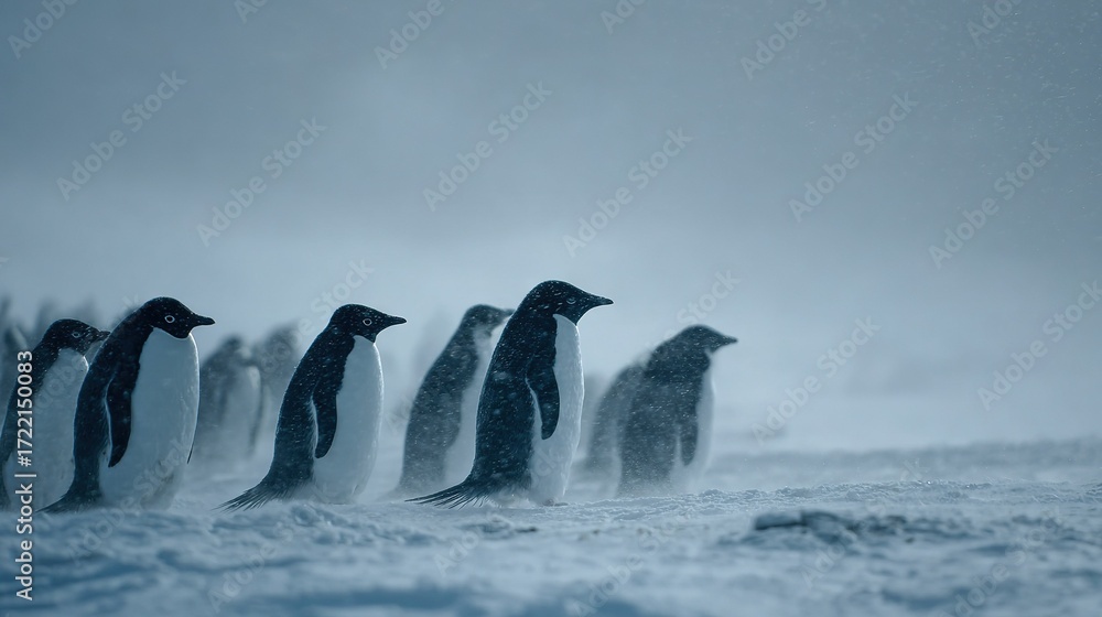 Fototapeta premium A line of penguins walks on a snowy field, leading a group of others