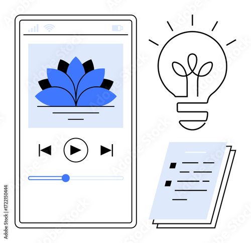 Smartphone app features a meditation icon, play controls, glowing light bulb for ideas, and checklist for tasks. Ideal for mindfulness, creativity, productivity, goals, relaxation tech and wellness