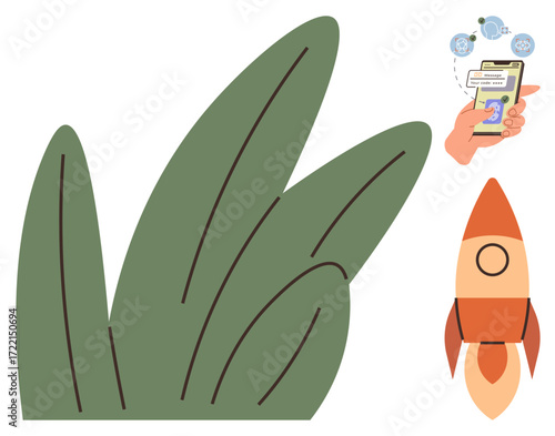 Hand holding smartphone interacting with app, rocket ready for launch, green leaves. Ideal for startup, growth, eco-innovation, technology, productivity sustainability progress concepts. Simple