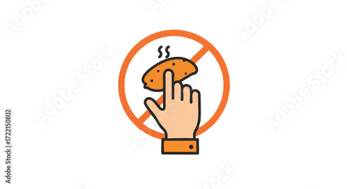 Icon of a hand with a hot bun crossed out, symbolizing no touching hot food or a prohibition on touching baked goods