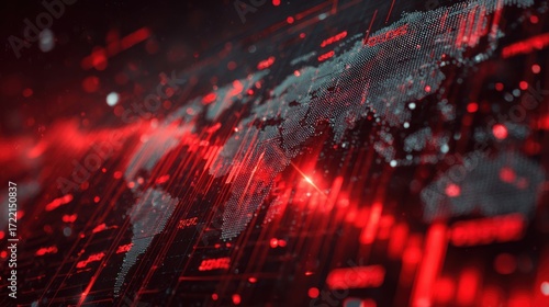 Abstract digital illustration depicting a global finance crisis with red data streams and a world map, symbolizing economic turmoil and market fluctuations in a modern context