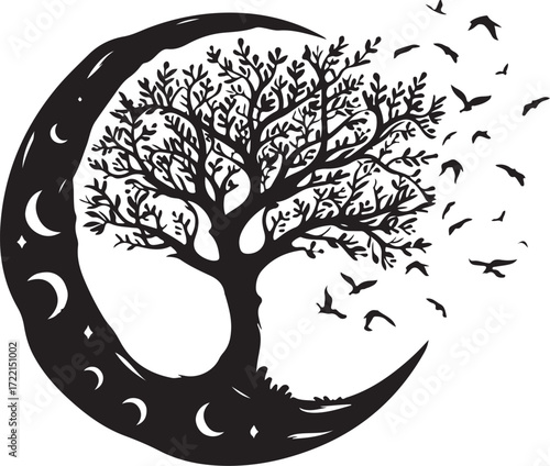 Mystical tree of life branches dissolve into birds beneath crescent moon silhouette