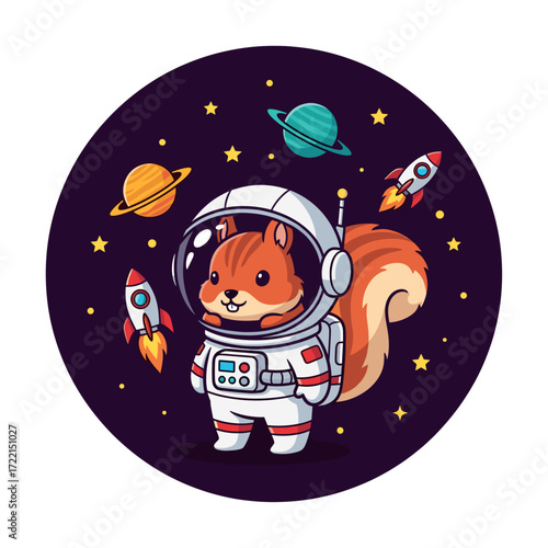 Adorable squirrel astronaut exploring deep space with planets and rockets Perfect for childrens themes
