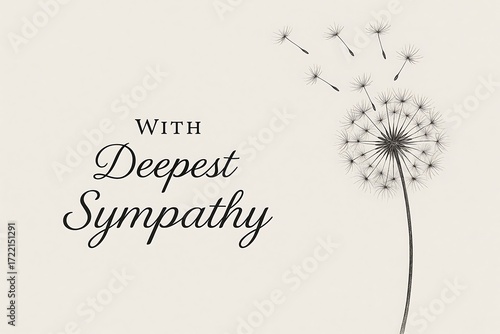 Sympathy card with dandelion isolated on white background, expressing condolences