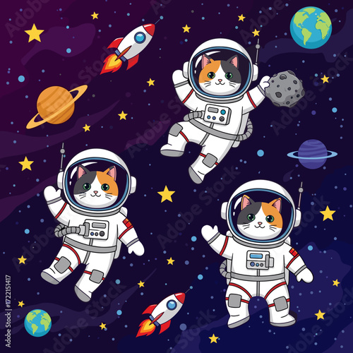 Playful astronaut cats float in starry outer space with rockets planets and an asteroid Space adventure