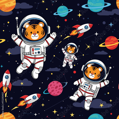 Cute cartoon tigers in astronaut suits floating among planets stars and rockets in space Fun childish