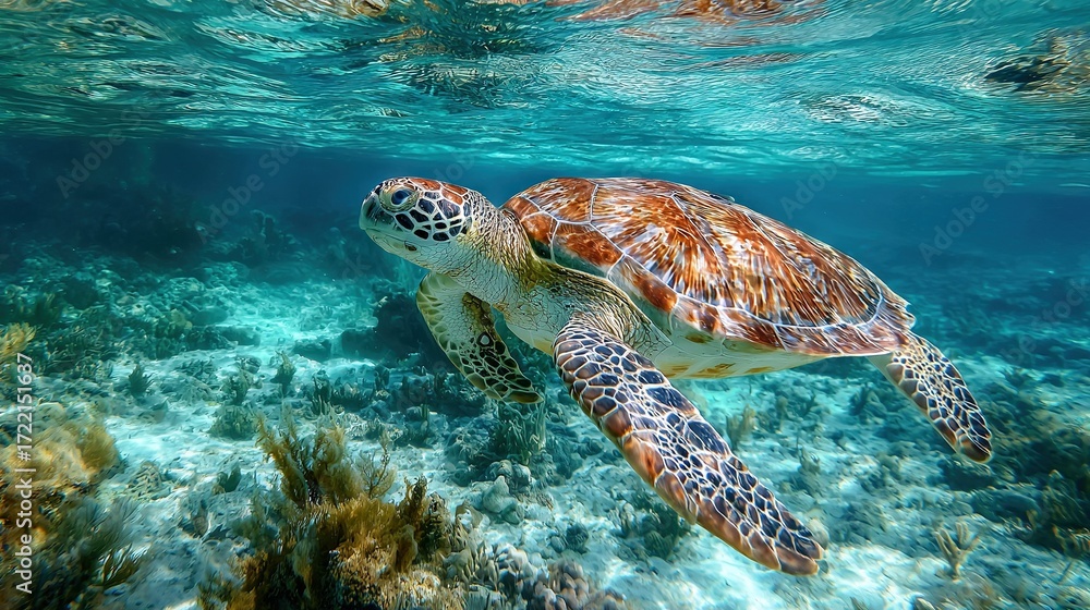 Obraz premium Sea Turtle Swims - Blue waters, Tropical Island, Coral Reef, Ocean