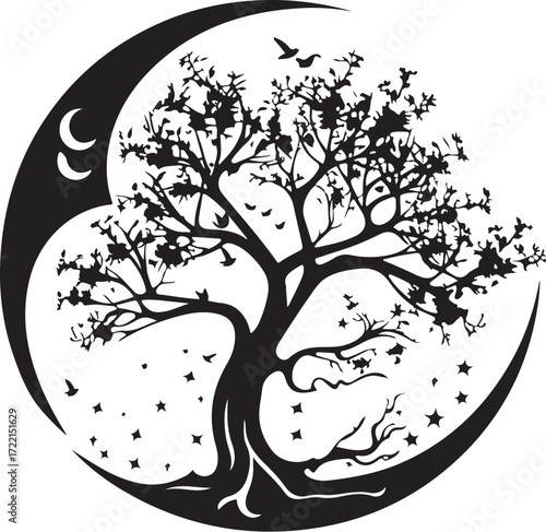 Mystical tree of life and crescent moon symbolizing growth and cycles silhouette