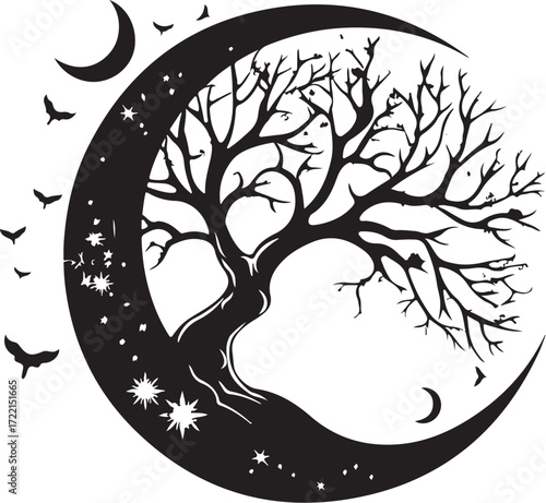 Mystical crescent moon embraces a silhouette tree with birds and stars silhouette