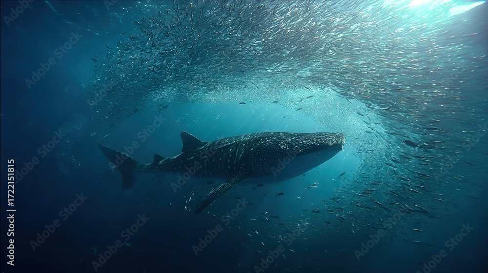 Fototapeta premium A large whale swims in the ocean with numerous small fish around its neck and many fish trailing behind