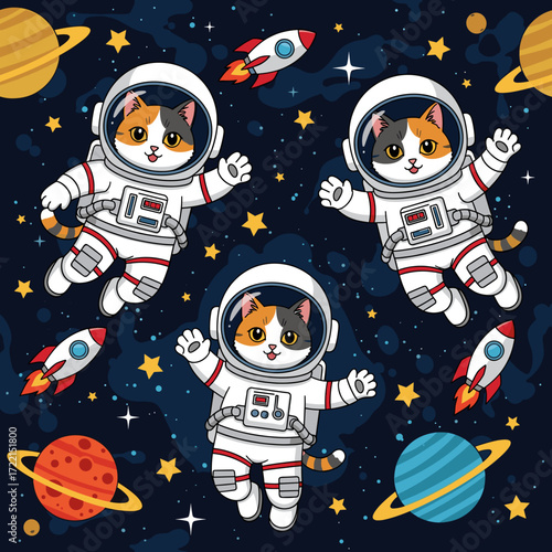 Cute cartoon astronaut cats floating in space with planets stars and rockets Fun childrens design