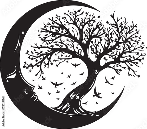 Mystical crescent moon embraces silhouette of ancient tree under starry night sky silhouette