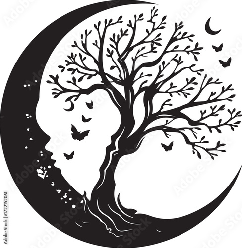 Mystical tree of life embracing crescent moon silhouette with butterflies spiritual symbolism silhouette