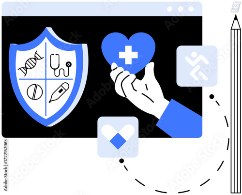 Shield with medical icons, hand holding heart with cross, health activity icons, and pencil. Ideal for healthcare, insurance, medical services, wellness, health education prevention or policy