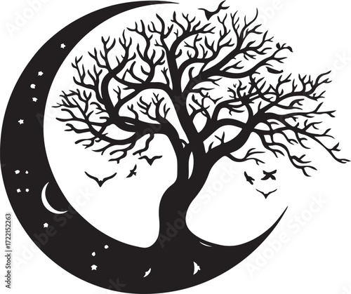Mystical crescent moon embraces bare tree silhouetted against night sky silhouette
