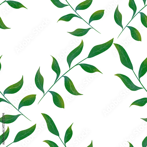Branches with green leaves in seamless pattern. Illustration hand drawn. For Christmas and New Year presents, holiday decoration, sticker packs banner, cards and clip art, scrapbooking paper